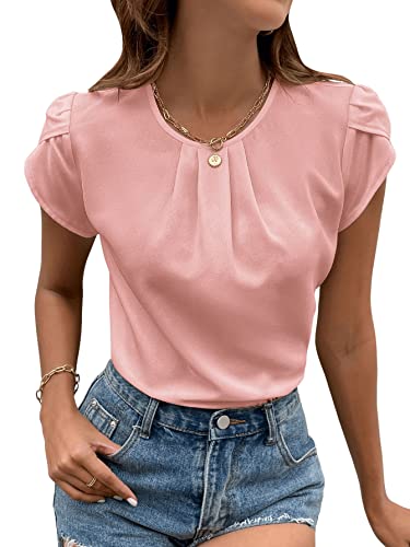 GORGLITTER Damen Bluse Kurzarm Oberteil Office Tunika Elegant Sommershirt Sommertop mit Falten Blütenärmeln Rosa L von GORGLITTER