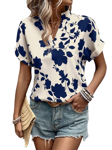 GORGLITTER Damen Bluse Kurzarm Oberteil V Ausschnitt Blusenshirt Blumenmuster Sommerbluse Boho Elegant Blusentop Fledermaus Tunika Dunkelblau M von GORGLITTER