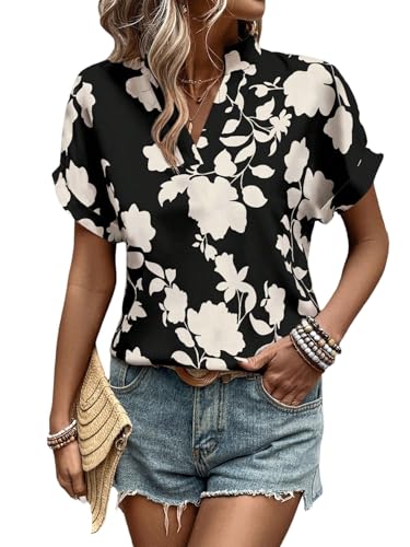 GORGLITTER Damen Bluse Kurzarm Oberteil V Ausschnitt Blusenshirt Blumenmuster Sommerbluse Boho Elegant Blusentop Fledermaus Tunika Schwarz S von GORGLITTER