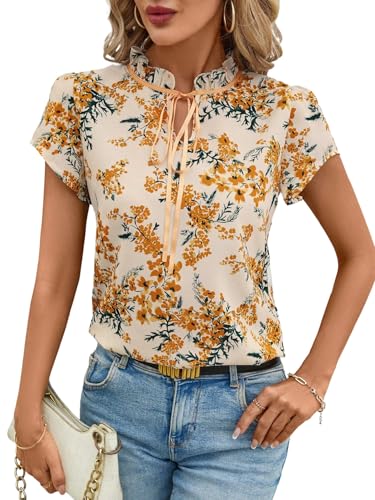 GORGLITTER Damen Bluse Kurzarm Top Böhmisch Sommerbluse Geblümt Oberteil Freizeitbluse mit Schleife am Ausschnitt Frisches Blusentop Rüschen Damenblusen Gelb M von GORGLITTER