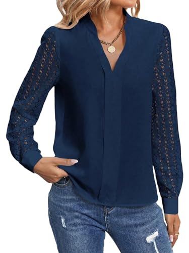 GORGLITTER Damen Bluse Lässige Langarm Oberteile Spitze Langarmshirt Elegant V Ausschnitt Blusenshirt Tunika Hemd Tops Arbeit Shirt Blau M von GORGLITTER