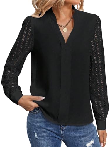 GORGLITTER Damen Bluse Lässige Langarm Oberteile Spitze Langarmshirt Elegant V Ausschnitt Blusenshirt Tunika Hemd Tops Arbeit Shirt Schwarz XL von GORGLITTER