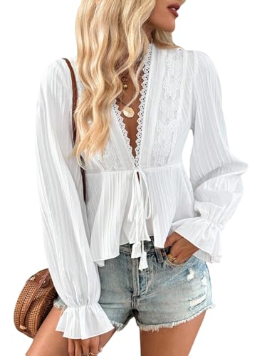 GORGLITTER Damen Bluse Langarm Elegant Locker Oberteil mit V-Ausschnitt Tunika Damenblusen mit Spitze Rüschensaum Langarmshirt Herbst Outfit Weiß L von GORGLITTER