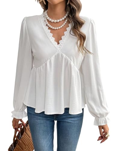 GORGLITTER Damen Bluse Langarm Locker Oberteil mit V-Ausschnitt Tunika Bluse mit Spitze Modische Langarmshirt Herbst Outfit Weiß L von GORGLITTER