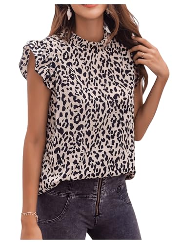 GORGLITTER Damen Bluse Leopard Blusen Elegant Sommerblusen Stehkragen Top Flügelärmel Oberteil Casual Rüschenbluse Sommer Damenbluse Blusentop Leo M von GORGLITTER
