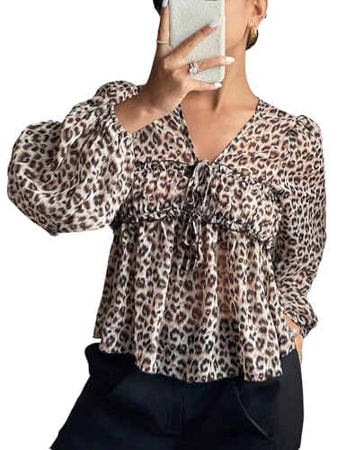 GORGLITTER Damen Bluse Leopardenmuster Blusen Langarm Damenblusen V Ausschnitt Blusenshirt mit Rüschensaum Elegant Leo Oberteile mit Knoten Leo M von GORGLITTER
