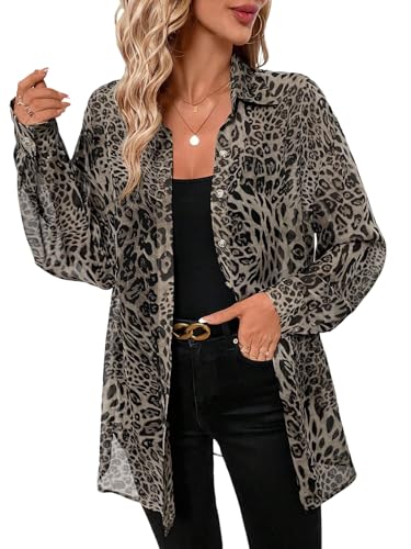 GORGLITTER Damen Bluse Leopardenmuster Blusenshirt Langarm Damenblusen Chiffon Blusen mit Knöpfen vorn Oversize Hemdblusen Locker Hemdblusen Grau M von GORGLITTER