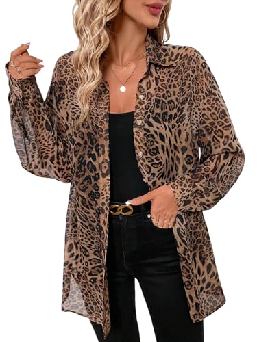 GORGLITTER Damen Bluse Leopardenmuster Blusenshirt Langarm Damenblusen Chiffon Blusen mit Knöpfen vorn Oversize Hemdblusen Locker Hemdblusen Leo L von GORGLITTER