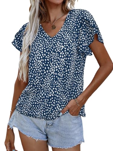 GORGLITTER Damen Bluse Leopardenmuster Blusentop V Ausschnitt Kurzarm Oberteile Petal Ärmel Sommerblusen Elegant Blusenshirt Sommer Freizeitbluse Casualbluse Blau XL von GORGLITTER