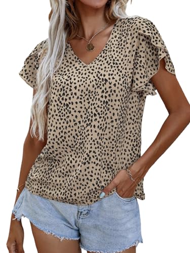 GORGLITTER Damen Bluse Leopardenmuster Blusentop V Ausschnitt Kurzarm Oberteile Petal Ärmel Sommerblusen Elegant Blusenshirt Sommer Freizeitbluse Casualbluse Khaki M von GORGLITTER