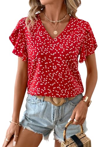 GORGLITTER Damen Bluse Leopardenmuster Blusentop V Ausschnitt Kurzarm Oberteile Petal Ärmel Sommerblusen Elegant Blusenshirt Sommer Freizeitbluse Casualbluse Rot M von GORGLITTER