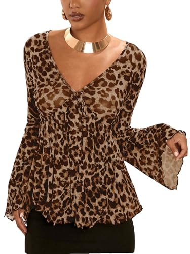 GORGLITTER Damen Bluse Leopardenmuster Langarm Blusenshirt V Ausschnitt Oberteile Langarmshirt Mesh Partytop Herbstblusen Elegant Blusetop Braun M GORGLITTER Damen Bluse Leopardenmuster Langarm Blusenshirt V Ausschnitt Oberteile Langarmshirt Mesh Partytop Herbstblusen Elegant Blusetop Braun M von GORGLITTER