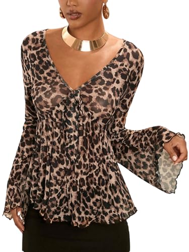 GORGLITTER Damen Bluse Leopardenmuster Langarm Blusenshirt V Ausschnitt Oberteile Langarmshirt Mesh Partytop Herbstblusen Elegant Blusetop Leo XL von GORGLITTER