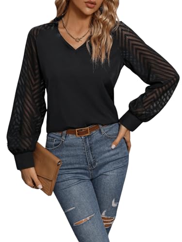 GORGLITTER Damen Bluse Mit Mesh Bluse Elegant Blusenshirt Langarm Oberteil Mit V Ausschnitt Hemdshirt Schwarz M von GORGLITTER