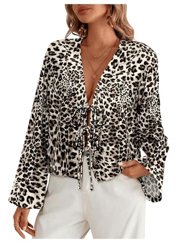 GORGLITTER Damen Bluse Offener Front Oberteil Leoparden Muster Blusenshirt Kurz Damenbluse Langarmshirt Khaki XS von GORGLITTER