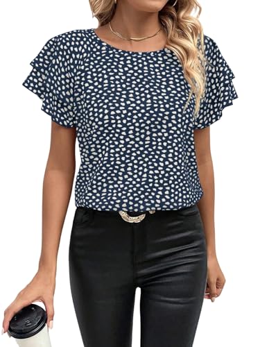GORGLITTER Damen Bluse Rundkragen Oberteil Sommer Blusen Casual Tops mit Schmetterlingsärmeln Dunkelblau XS GORGLITTER Damen Bluse Rundkragen Oberteil Sommer Blusen Casual Tops mit Schmetterlingsärmeln Dunkelblau XS von GORGLITTER