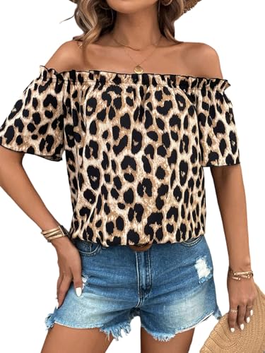 GORGLITTER Damen Bluse Schulterfreies Oberteil Leopardenmuster Blusen Kurzarm Sommerblusen Elegant Blusentop Locker Damenblusen Blusenshirt Leo XL GORGLITTER Damen Bluse Schulterfreies Oberteil Leopardenmuster Blusen Kurzarm Sommerblusen Elegant Blusentop Locker Damenblusen Blusenshirt Leo XL von GORGLITTER