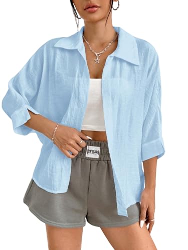 GORGLITTER Damen Bluse Sommer Hemdblusen 3/4 Arm Damenblusen Cardigan Blusen Locker Sommerblusen mit Knöpfen vorn Lässig Fledermaus Oberteile Hellblau L GORGLITTER Damen Bluse Sommer Hemdblusen 3/4 Arm Damenblusen Cardigan Blusen Locker Sommerblusen mit Knöpfen vorn Lässig Fledermaus Oberteile Hellblau L von GORGLITTER