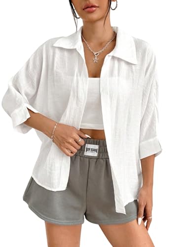 GORGLITTER Damen Bluse Sommer Hemdblusen 3/4 Arm Damenblusen Cardigan Blusen Locker Sommerblusen mit Knöpfen vorn Lässig Fledermaus Oberteile Weiß XS GORGLITTER Damen Bluse Sommer Hemdblusen 3/4 Arm Damenblusen Cardigan Blusen Locker Sommerblusen mit Knöpfen vorn Lässig Fledermaus Oberteile Weiß XS von GORGLITTER