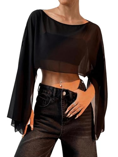 GORGLITTER Damen Bluse Sommer Lose Bauchfrei Oberteile Fledermausärmeln Freizeitbluse Asymmetrisch Sommertop Transparentes Top Schwarz L GORGLITTER Damen Bluse Sommer Lose Bauchfrei Oberteile Fledermausärmeln Freizeitbluse Asymmetrisch Sommertop Transparentes Top Schwarz L von GORGLITTER
