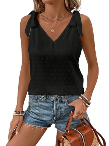 GORGLITTER Damen Bluse V Ausschnitt Blusenshirt Ärmelloses Oberteil mit Knoten Blumen verziert Elegant Damenblusen mit Spitze Sommerblusen Schwarz S von GORGLITTER