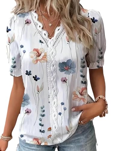 GORGLITTER Damen Bluse V Ausschnitt Blusenshirt Kurzarm Oberteile Blumenmuster Sommerblusen mit Spitze Puffärmel Boho Damenblusen Elegant Blusen Weiß M GORGLITTER Damen Bluse V Ausschnitt Blusenshirt Kurzarm Oberteile Blumenmuster Sommerblusen mit Spitze Puffärmel Boho Damenblusen Elegant Blusen Weiß M von GORGLITTER