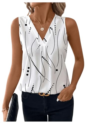 GORGLITTER Damen Bluse V Ausschnitt Blusentop Streifendruck Oberteil Ärmellose Sommerblusen Büro Outfit Wickeln Top Gestreift Freizeitbluse Tanktops Weiß L von GORGLITTER