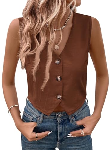 GORGLITTER Damen Bluse V Ausschnitt Sommerbluse mit Knopfe Baumwolle Ärmelloses Blusenshirt Elegant Oberteile Freizeittop Sommer Damenblusen Kaffeebraun S von GORGLITTER