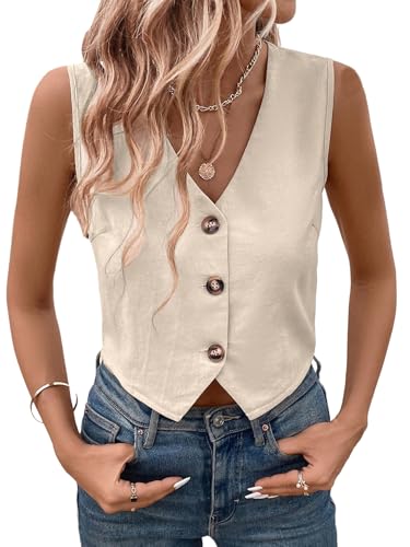 GORGLITTER Damen Bluse V Ausschnitt Sommerbluse mit Knopfe Baumwolle Ärmelloses Blusenshirt Elegant Oberteile Freizeittop Sommer Damenblusen Khaki XL von GORGLITTER