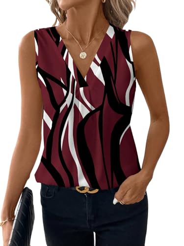 GORGLITTER Damen Bluse V Ausschnitt Sommerblusen Ärmellose Oberteile Gestreift Farbblock Blusentop Elegante Blusenshirt Bürobluse Freizeitbluse Bordeaux S von GORGLITTER