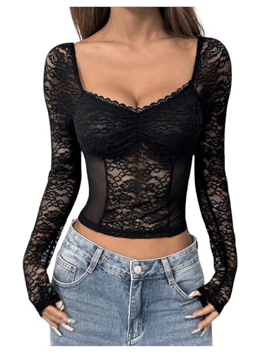 GORGLITTER Damen Langarmshirt Y2K Spitze Langarmtop Elegant Herbstshirt Festival Oberteil Crop T-Shirts Spitzeshirt Schwarz XS von GORGLITTER