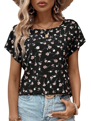 GORGLITTER Damen Blusen Blümchenmuster Sommerblusen Kurzarm Oberteile Elegant Rundkragen Blusenshirt Boho Bluse Fledermausärmel Blusentop Damenblusen Schwarz L von GORGLITTER