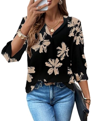 GORGLITTER Damen Blusen Blumenmuster Bluseshirt 3/4 Arm Hemdbluse Elegant Büro Oberteile Herbst Tunika V Ausschnitt Hemdshirt Casualshirt Schwarz L von GORGLITTER