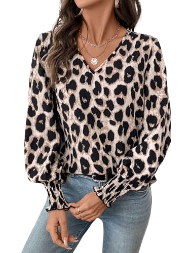 GORGLITTER Damen Blusen Elegant Hemdbluse Office Freizeitshirt mit Leopardmuster Oberteil Langarmshirt Bluseshirt Herbstshirt Aprikosenfarben M von GORGLITTER