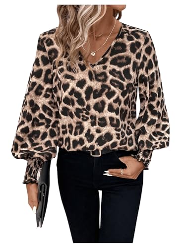 GORGLITTER Damen Blusen Elegant Hemdbluse Office Freizeitshirt mit Leopardmuster Oberteil Langarmshirt Bluseshirt Herbstshirt Braun XL von GORGLITTER