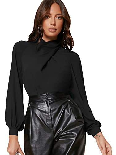 GORGLITTER Damen Blusen Elegant Hemdbluse Stehkragen Chiffonbluse OL Business Oberteil mit Wickel Design Schwarz L von GORGLITTER