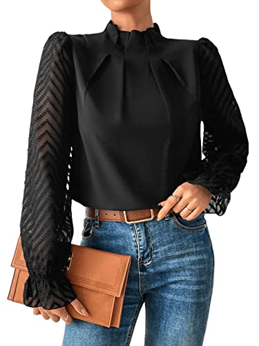 GORGLITTER Damen Blusen Elegant Mesh Oberteil Stehkragen Hemdbluse Langarmshirt mit Volant Ärmel Schwarz M von GORGLITTER