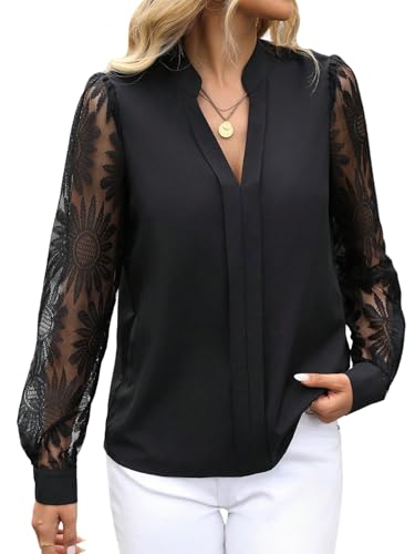 GORGLITTER Damen Blusen Elegant Spitze Langarmshirt Casual Bluse mit V Ausschnitt Lässige Blusenshirt Arbeit Shirt Hemd Herbst Outfit Schwarz L von GORGLITTER