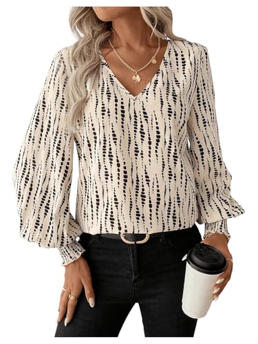 GORGLITTER Damen Blusen Oberteile Hemdbluse Gemuster Bluse Business Hemdshirt Langarm Blusetop Tunika Beige L von GORGLITTER