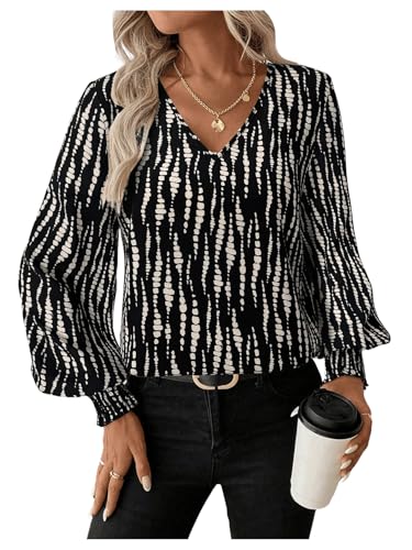 GORGLITTER Damen Blusen Oberteile Hemdbluse Gemuster Bluse Business Hemdshirt Langarm Blusetop Tunika Schwarz XL von GORGLITTER