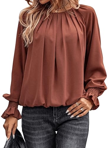 GORGLITTER Damen Blusen Rundkragen Tunika OL Business Bluse Langarmshirt Lässig Oberteil mit Rüschen Braun L von GORGLITTER