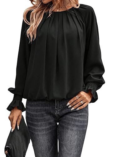 GORGLITTER Damen Blusen Rundkragen Tunika OL Business Bluse Langarmshirt Lässig Oberteil mit Rüschen Schwarz L von GORGLITTER