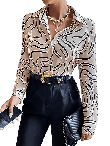 GORGLITTER Damen Blusen V-Ausschnitt Langarmshirts Bluse OL Business Oberteile mit Zebra Streifen Muster Khaki L von GORGLITTER