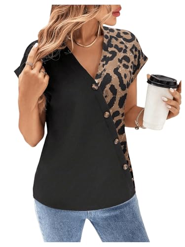 GORGLITTER Damen Blusenshirt Leopardenmuster Bluse V-Ausschnitt Sommerblusen Kurzarm Oberteile Knofleiste Top Farbblock Blusen Elegant Blusentop Schwarz und Braun L von GORGLITTER