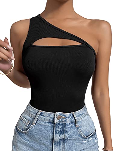 GORGLITTER Damen Body Cut Outs Bodysuit mit Einer Schulterfrei Sommer Damenbody Ärmellos Overall Oberteil Schwarz L von GORGLITTER