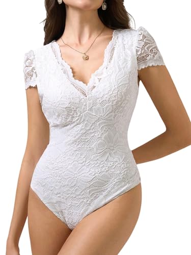 GORGLITTER Damen Body Durchsichtig Spitzen Bodysuit Oberteil Trachtenbody Spitzenbody Party Bodys Dirndlbody V-Ausschnitt Spitze Weiß M von GORGLITTER