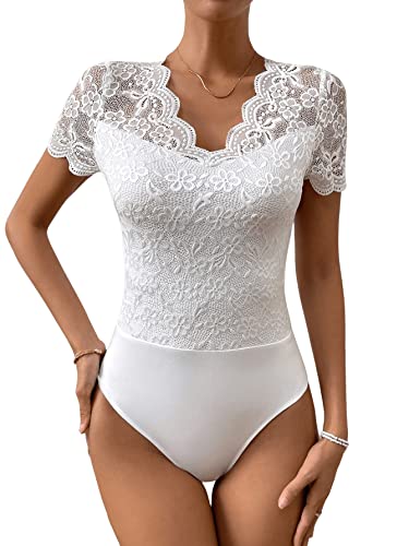 GORGLITTER Damen Body Durchsichtig Spitzen Bodysuit mit Muscheln Oberteil Spitzenbody Party Bodys Schmal T-Shirt V-Ausschnitt Weiß L von GORGLITTER