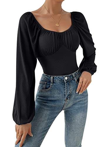 GORGLITTER Damen Body Elegant Bodys Laternenärmeln Bodysuit Herzausschnitt Oberteil Blusebody Schmal Tops mit Rüschenbüste Schwarz L von GORGLITTER