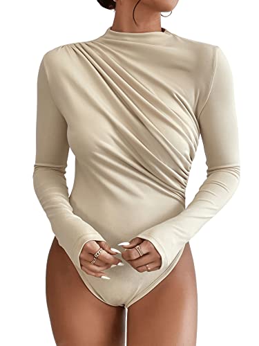 GORGLITTER Damen Body Elegant Langarm Bodysuit mit Rollkragen Rüschen Oberteil Sexy Top Body Aprikosenfarben M von GORGLITTER