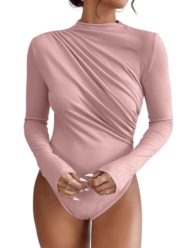 GORGLITTER Damen Body Elegant Langarm Bodysuit mit Rollkragen Rüschen Oberteil Sexy Top Body Rosa L von GORGLITTER